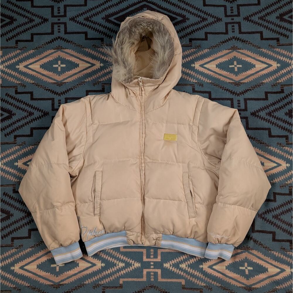 Vintage Baby Phat Kimora Lee Golden Logo Down Puffer Coyote Fur Trim Coat Large